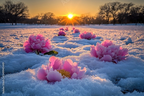 Fototapeta Naklejka Na Ścianę i Meble -  Pink peonies scattered in snowy field at sunset