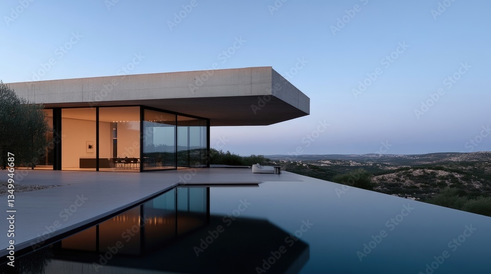 Modern concrete house with infinity pool, overlooking a scenic landscape. Large windows offering panoramic views Modern concrete house with infinity pool, overlooking a scenic landscape. Large windows offering panoramic views