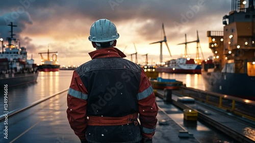 Industrial worker overseeing harbor with ships and wind turbines at sunset, safety focus