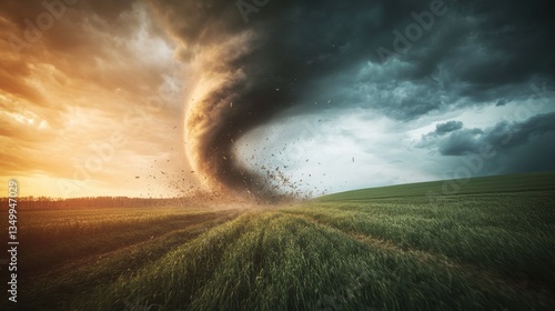 Whirlwind Spectacle: A towering tornado unleashes its destructive power over a vibrant landscape. The contrast between the ominous storm and the serene field creates a sense of both awe and tension.