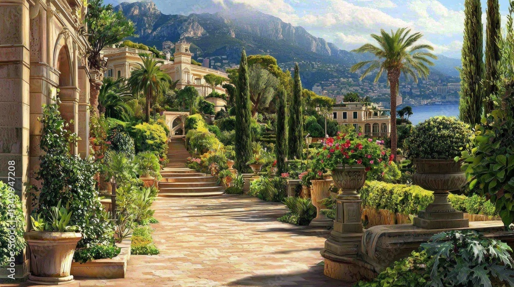 Obraz premium Mediterranean Garden Path with Mountains, Luxury Villas, and Ocean View