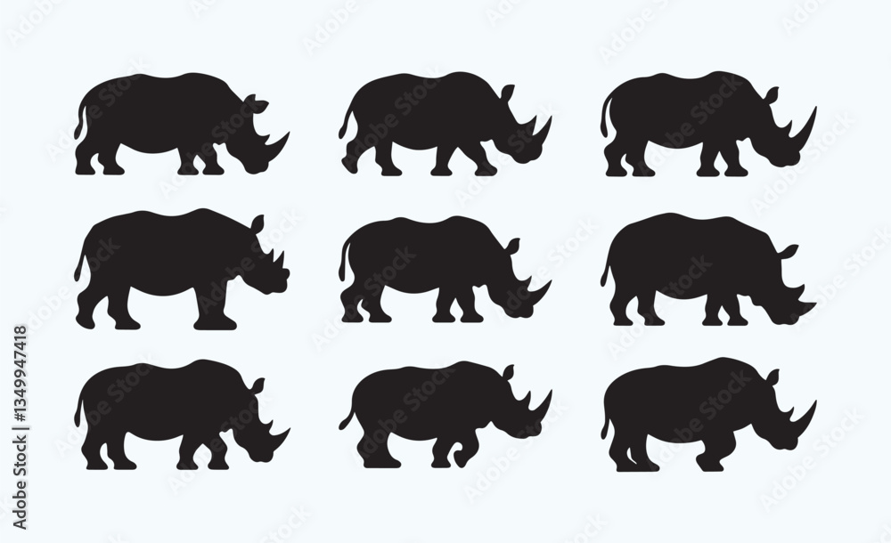 Fototapeta premium Minimalist Rhino Silhouette Set – Vector Black Rhino Icons on White Background