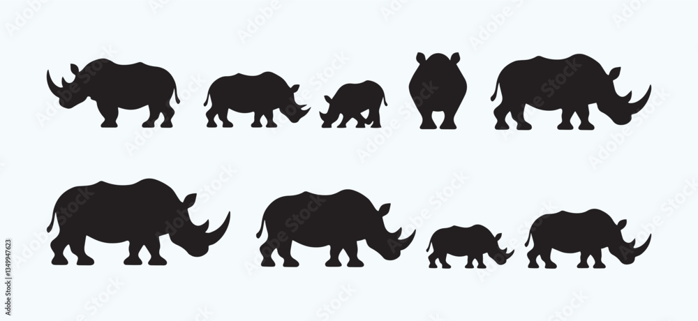 Fototapeta premium Minimalist Rhino Silhouette Set – Vector Black Rhino Icons on White Background