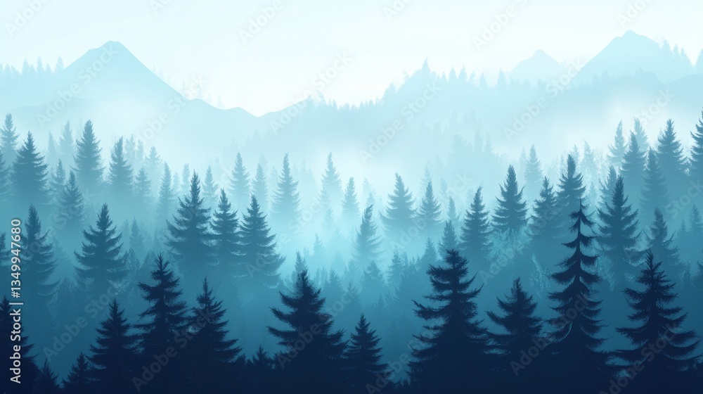 Obraz premium Mystical Forest: A misty, serene forest landscape with silhouetted evergreen trees and distant mountains creates a tranquil and enchanting atmosphere.