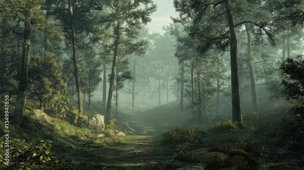 Whispers of the Forest: An evocative forest scene, where a winding path invites exploration, shrouded in a delicate mist that dances between ancient trees. Whispers of the Forest: An evocative forest scene, where a winding path invites exploration, shrouded in a delicate mist that dances between ancient trees.