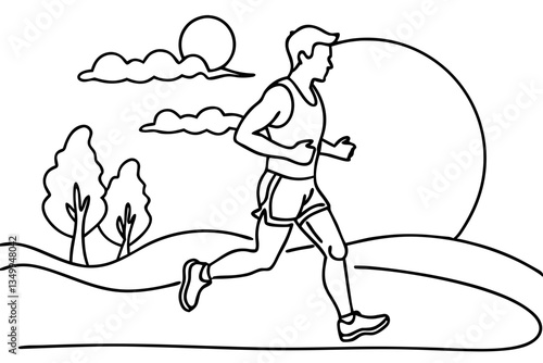 Man jogging during sunrise against a scenic landscape  