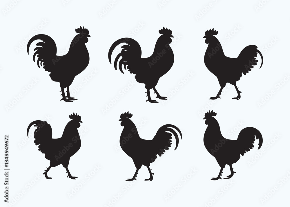Fototapeta premium Minimalist Rooster Silhouette Vector Set – Black Rooster Clipart for Logos & Design
