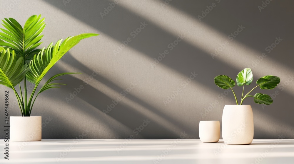 Two potted plants sit on a shelf bathed in light Two potted plants sit on a shelf bathed in light