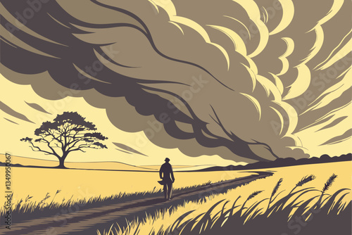 74 Massive storm cloud, apocalyptic sky, rolling mammatus clouds, golden wheat field, lone figure silhouette, distant solitary tree, dramatic lighting, ominous atmosphere, wide open landscape, cinemat