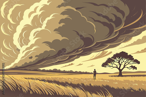 74 Massive storm cloud, apocalyptic sky, rolling mammatus clouds, golden wheat field, lone figure silhouette, distant solitary tree, dramatic lighting, ominous atmosphere, wide open landscape, cinemat