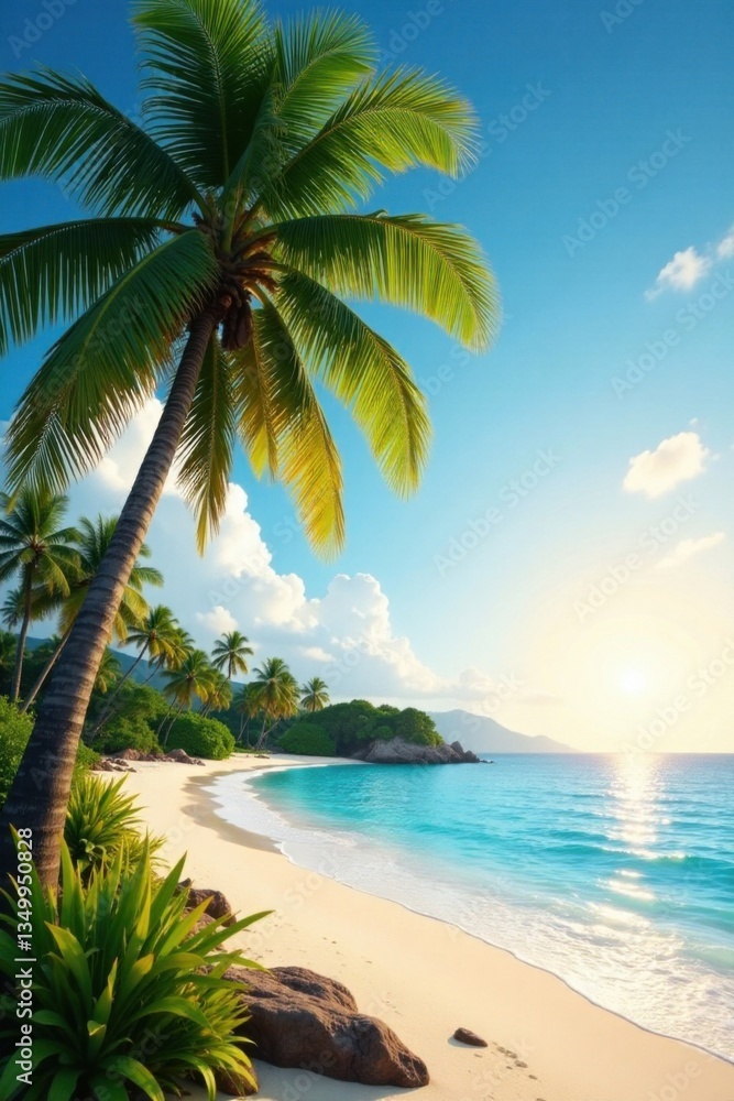 Obraz premium Palm trees sway gently in the warm ocean breeze, film grain, sunset glow