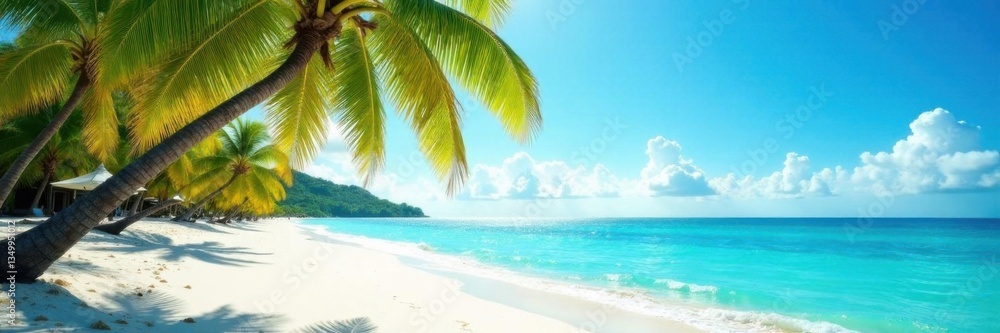 Obraz premium Palm trees sway on sandy white beach with turquoise ocean waves under sunny sky, sun , sand