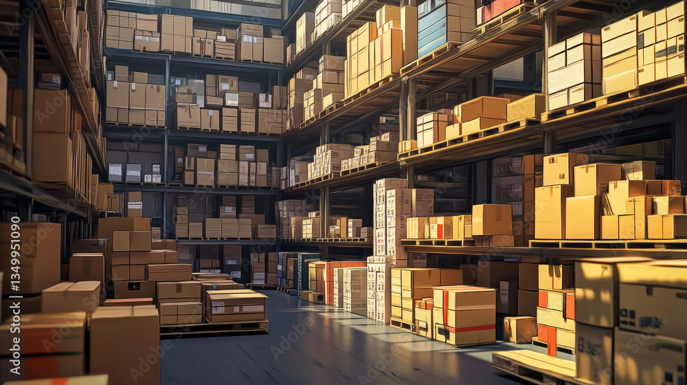 Obraz premium Warehouse storage interior with pallet and box. Full rack in store delivery stockroom. Distribution hangar building with crowded shelf of inventory in wood crate and cardboard package game panorama