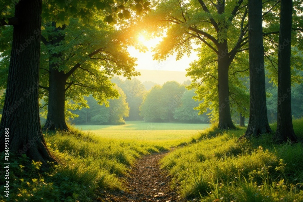 Fototapeta premium Panorama with sunlight filtering through trees, outdoors, forest