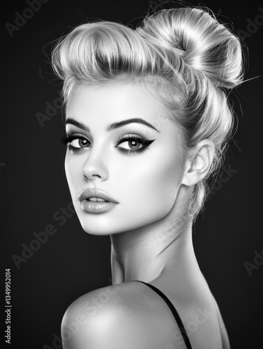 Stunning black and white portrait of a blonde model with high bun hairstyle and dramatic winged eyeliner showcasing elegance
