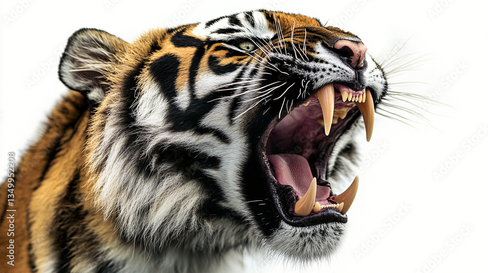 Obraz premium profile portrait of a bengal tiger roaring isolated on white background