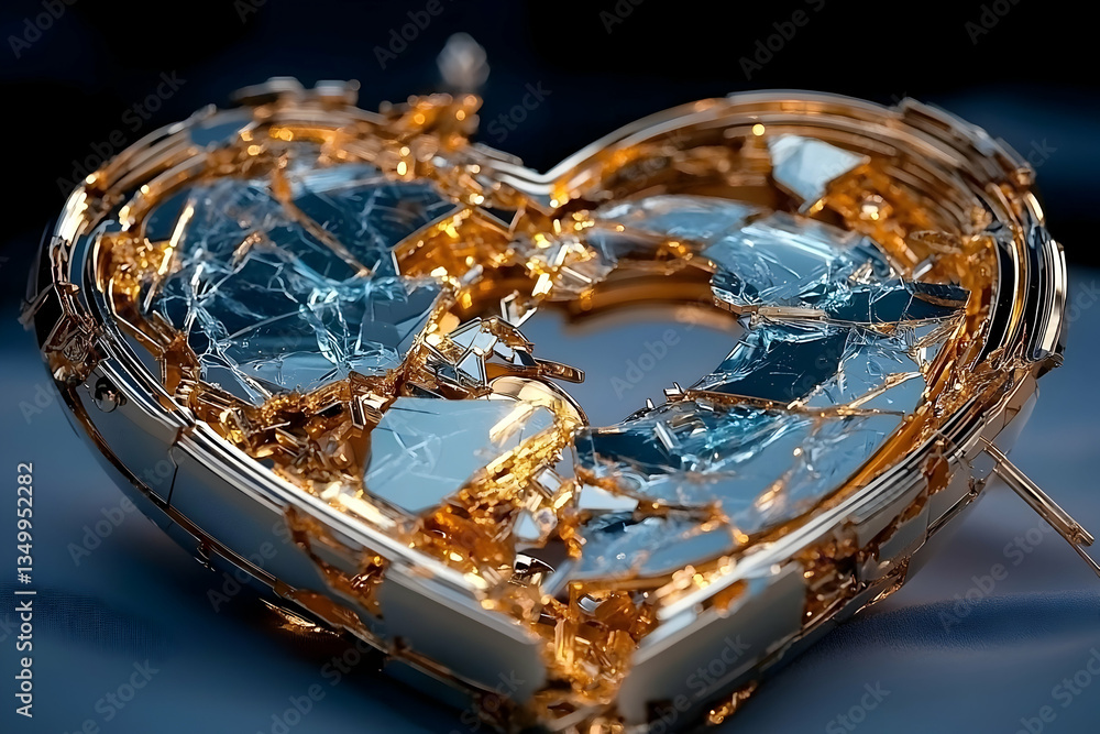 Shattered Gold Heart: Abstract 3D Render of a Broken Metallic Heart Shattered Gold Heart: Abstract 3D Render of a Broken Metallic Heart