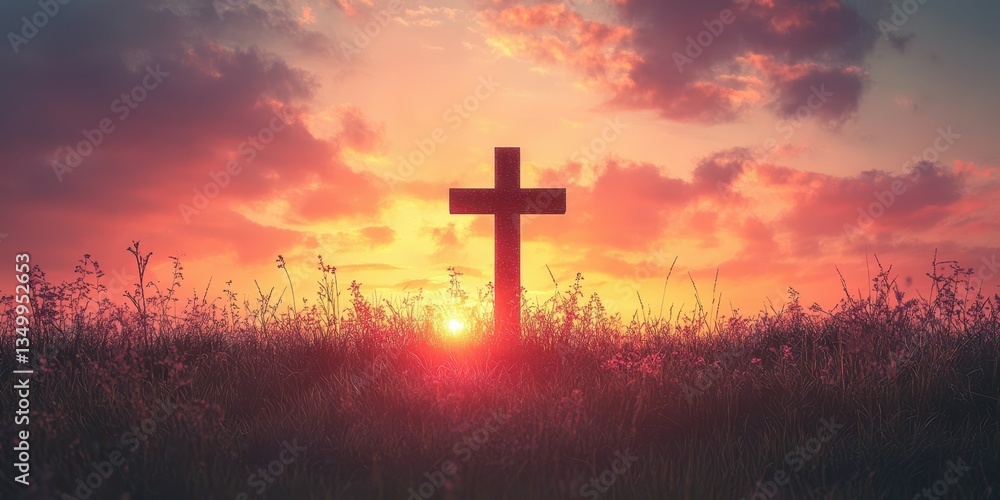 Cross silhouette against a vibrant sunset sky with colorful clouds in a serene field Cross silhouette against a vibrant sunset sky with colorful clouds in a serene field