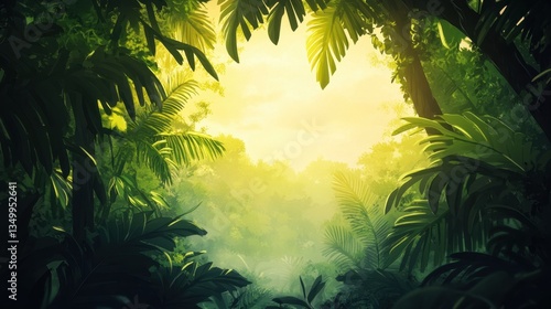 Emerald Canopy: An entrancing visual narrative unfolds, as sunlight filters through the dense, verdant leaves of a tropical jungle, unveiling an unseen world.