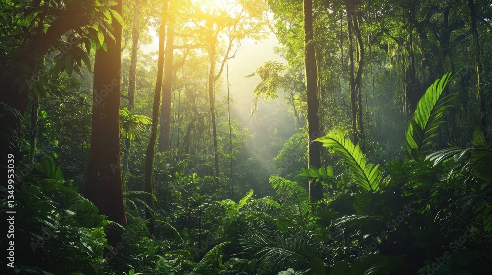 Sunlit Forest Canopy: A vibrant and lush forest scene, sunlight streams through the dense canopy, illuminating the vibrant green vegetation and creating a magical atmosphere. Sunlit Forest Canopy: A vibrant and lush forest scene, sunlight streams through the dense canopy, illuminating the vibrant green vegetation and creating a magical atmosphere.