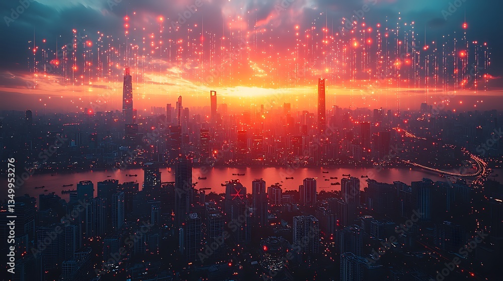 Futuristic city skyline at sunrise with digital network connections. Futuristic city skyline at sunrise with digital network connections.