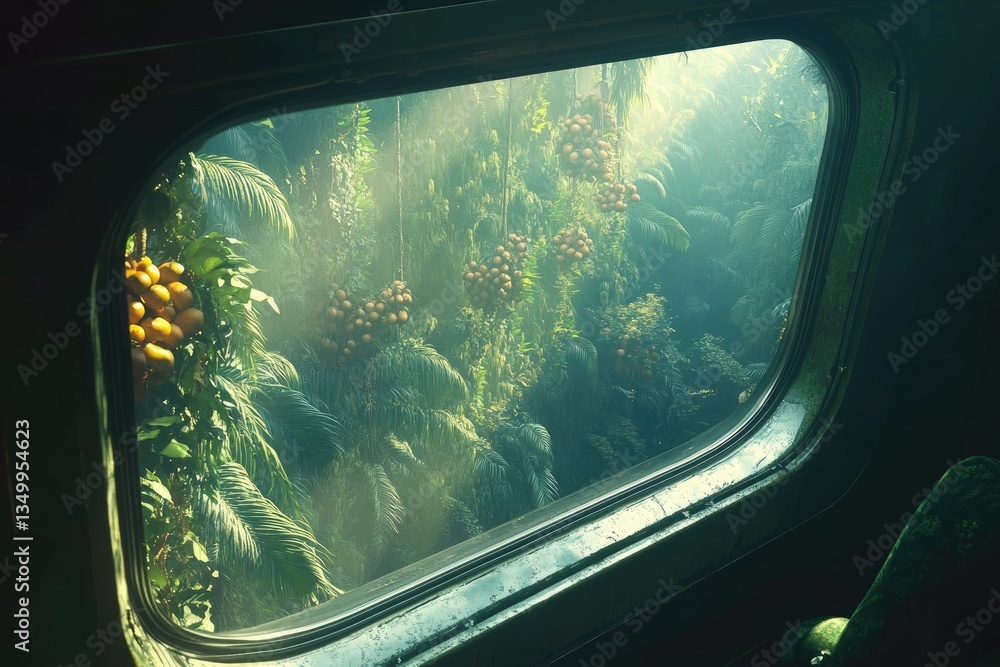 Obraz premium Lush jungle scene viewed from a train window