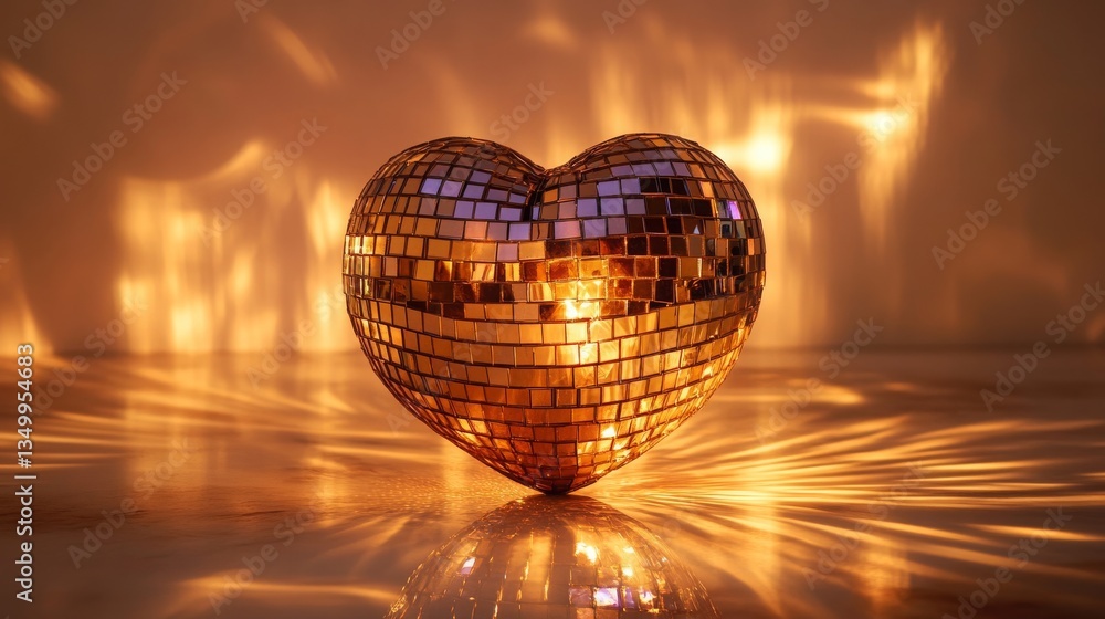 Obraz premium Close-Up Of Shiny Disco Ball in form of heart. Mirror ball on creamy background 
