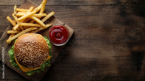 Juicy burger with crispy fries and ketchup served on a rustic wooden board in a cozy setting