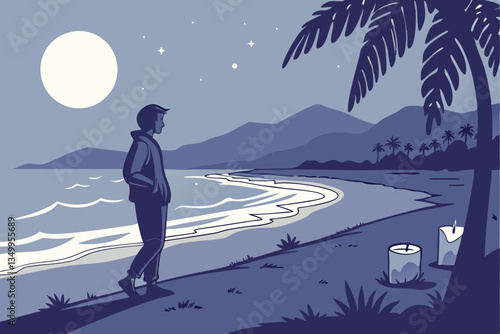 77 Tranquil beach at twilight, lone figure silhouette, moonlight reflection on water, scattered candles on sandy shore, moody blue atmosphere, distant mountains, serene coastline, peaceful evening sce