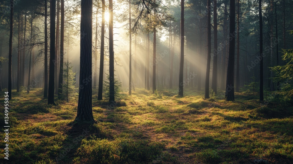 Fototapeta premium Sunlit Forest: A mystical forest scene with sunlight beams filtering through tall trees, casting an ethereal glow on the mossy forest floor and creating an awe-inspiring atmosphere.