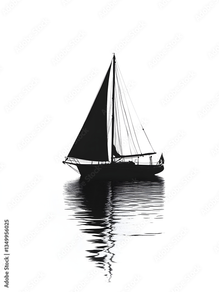 Fototapeta premium Monochrome Sailboat Reflection: Tranquil Nautical Journey on Calm Waters