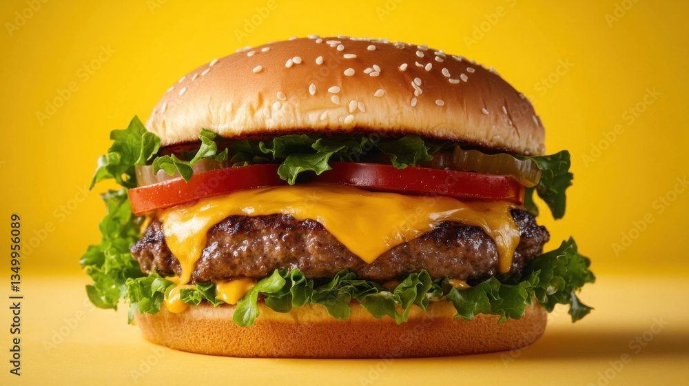 Freshly made cheeseburger with vibrant toppings on a bright background Freshly made cheeseburger with vibrant toppings on a bright background