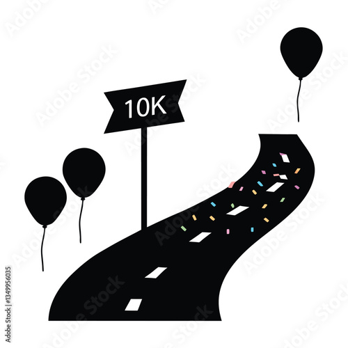 Symbolic road leading to a 10k milestone with festive decorations, balloons, and confetti marking success views followers subscribers