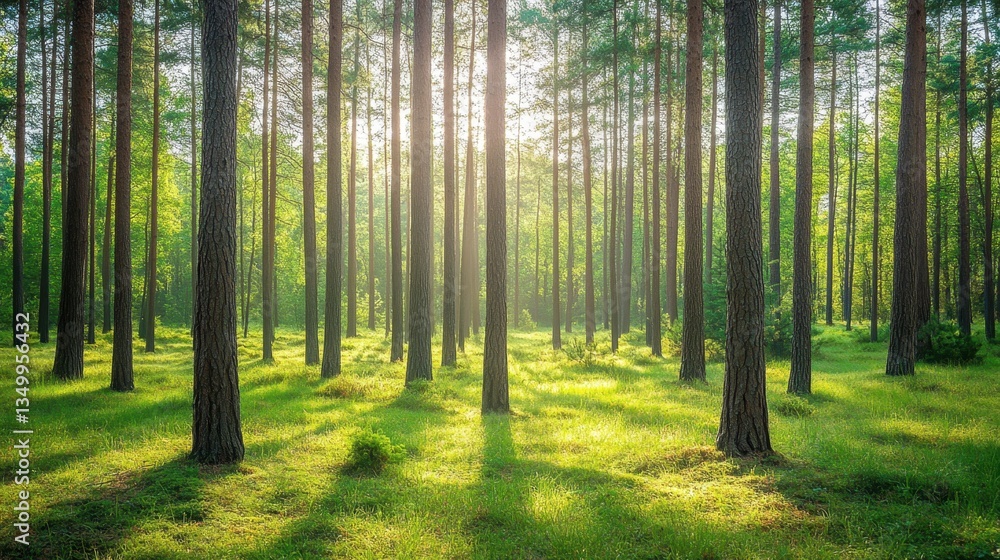 Sun-Kissed Forest Canopy: A sunlit forest, with tall trees and vibrant green grass. capturing the sense of serenity and wonder, offers a stunning vista. Sun-Kissed Forest Canopy: A sunlit forest, with tall trees and vibrant green grass. capturing the sense of serenity and wonder, offers a stunning vista.