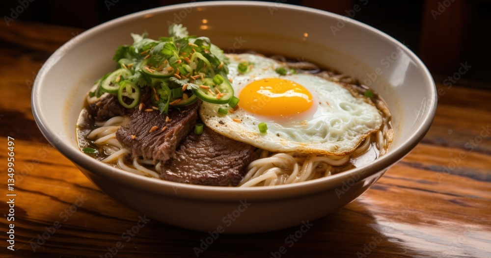 Delicious bowl of noodles topped with tender beef, a fried egg, and fresh scallions, served in a cozy setting, highlighting the vibrant colors and textures of the ingredients Delicious bowl of noodles topped with tender beef, a fried egg, and fresh scallions, served in a cozy setting, highlighting the vibrant colors and textures of the ingredients