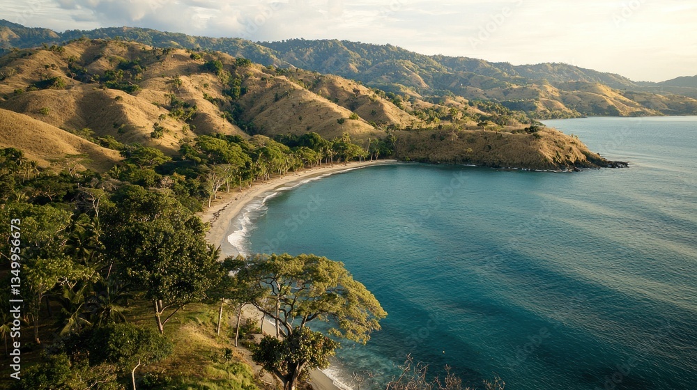 Naklejka premium Coastal bay view, tropical island, with gentle waves, lush greenery, and hills