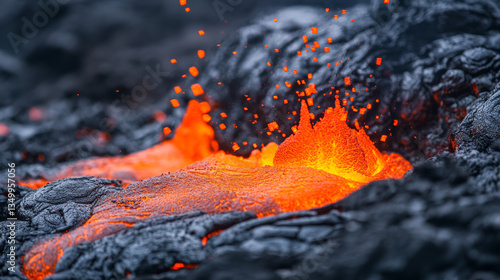 Hot liquid lava splash with flying red drops. Abstract background of seething molten magma surface with splatter. Orange fluid texture with rising bubbles, vector realistic illustration