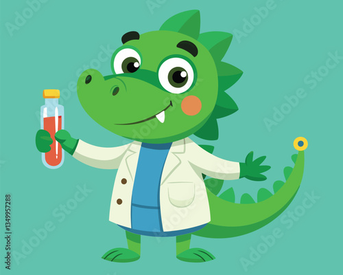 Cute Green Dinosaur Scientist Holding Test Tube