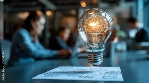 Creativity brainstorming concept with a glowing light bulb with a brain inside with workers blurred in background working for new ideas.