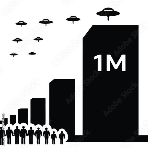 Futuristic city parade with UFOs, crowd, and skyscrapers, 1 million followers reaching new heights, views followers subscribers