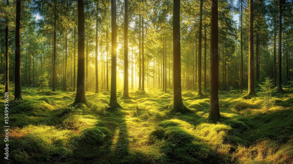 Sun-Dappled Woodland: Majestic trees bathed in sunlight, creating a tranquil and inspiring nature landscape. Sun-Dappled Woodland: Majestic trees bathed in sunlight, creating a tranquil and inspiring nature landscape.