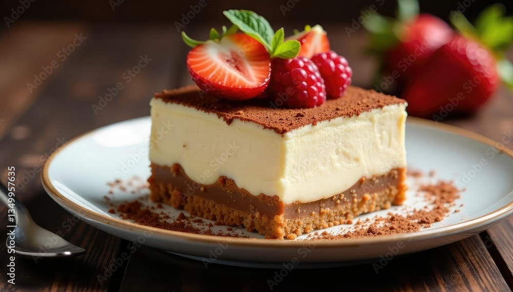 Individual serving of tiramisu, showcasing texture and rich color , picture, chocolate, element Individual serving of tiramisu, showcasing texture and rich color , picture, chocolate, element