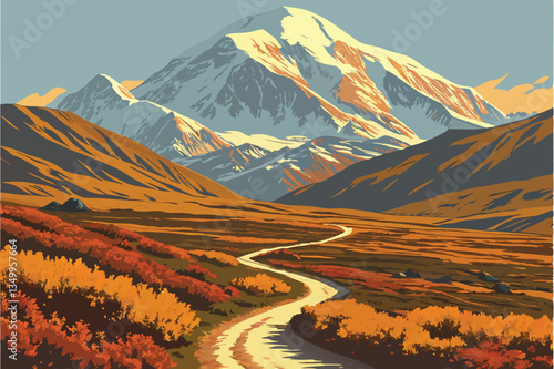 78 Majestic snow-capped mountain peak, winding dirt path through autumn tundra, dramatic landscape, rugged terrain, vibrant fall colors, clear blue sky, pristine wilderness, Alaska scenery, Denali Nat
