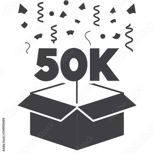 Futuristic digital party with confetti and floating 50K sign, a vibrant celebration of success, views followers subscribers