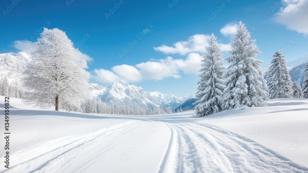 Obraz premium Snowy winter landscape with pristine snow-covered trees and mountains