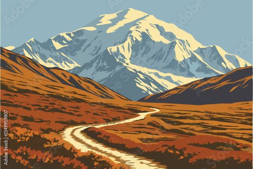 78 Majestic snow-capped mountain peak, winding dirt path through autumn tundra, dramatic landscape, rugged terrain, vibrant fall colors, clear blue sky, pristine wilderness, Alaska scenery, Denali Nat