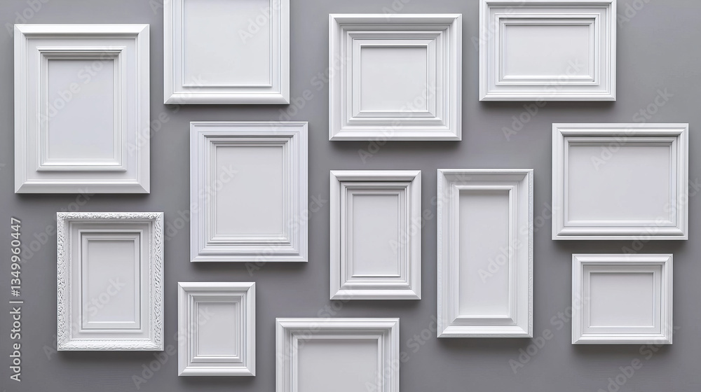 Fototapeta premium Blank movie posters mockup. White picture frames on gray wall background in cinema, theater, museum or gallery. Empty advertising banners with black border realistic 3d vector illustration, mock up