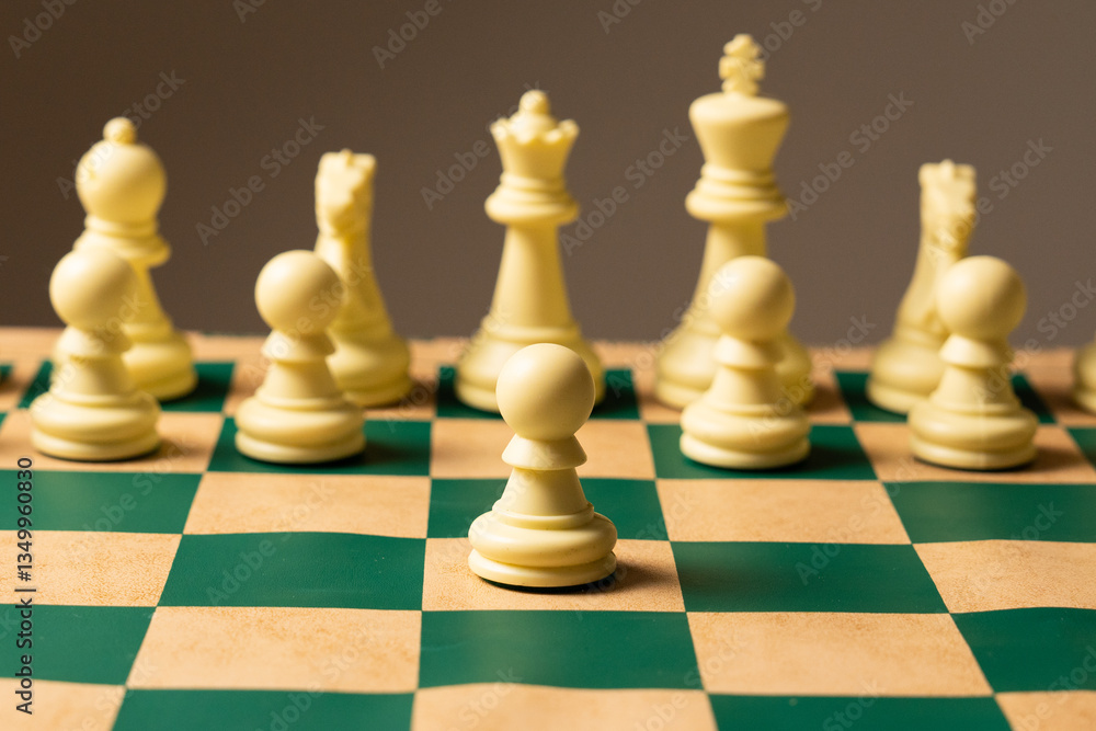 White pawn stepping forward on green chessboard White pawn stepping forward on green chessboard