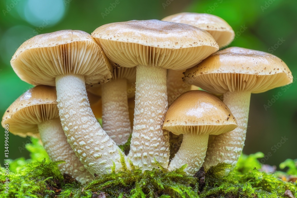 Cluster of light brown mushrooms growing on moss Cluster of light brown mushrooms growing on moss
