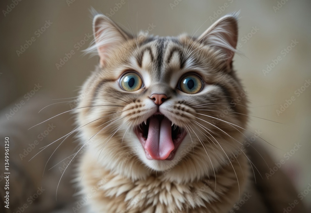 Naklejka premium Surprised Cat with Wide Open Mouth Showing Tongue in Close-up